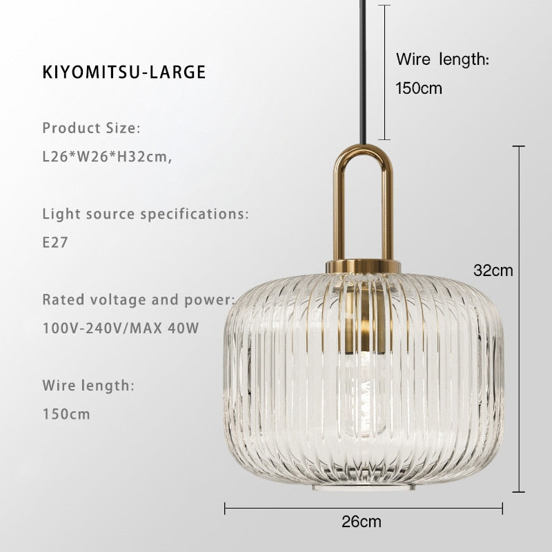 Kiyomitsu - Squashed Round Patterned Glass Shade Gold Pendant Ceiling Light