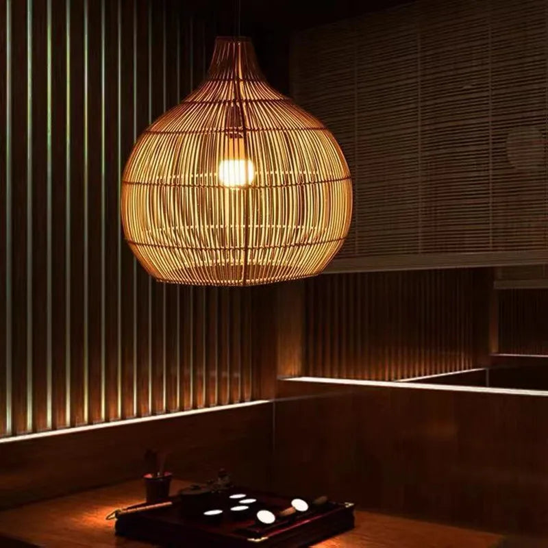 Hermilo - Japanese Rattan Woven Hanging Dome Pendant Ceiling Light