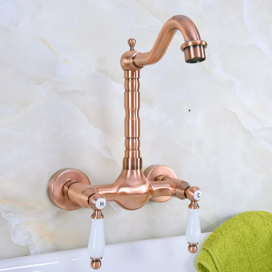 Trenton - Vintage Copper Wall Mount Dual Handle Swivel Spout Bathroom Tap