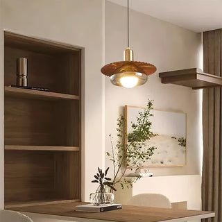 Bartola - Modern Grey Glass Circular Wood Style Shade Hanging Pendant Ceiling Light