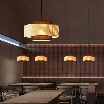 Bolaños - Layered Perforated Woven Cylindrical Hanging Pendant Ceiling Light