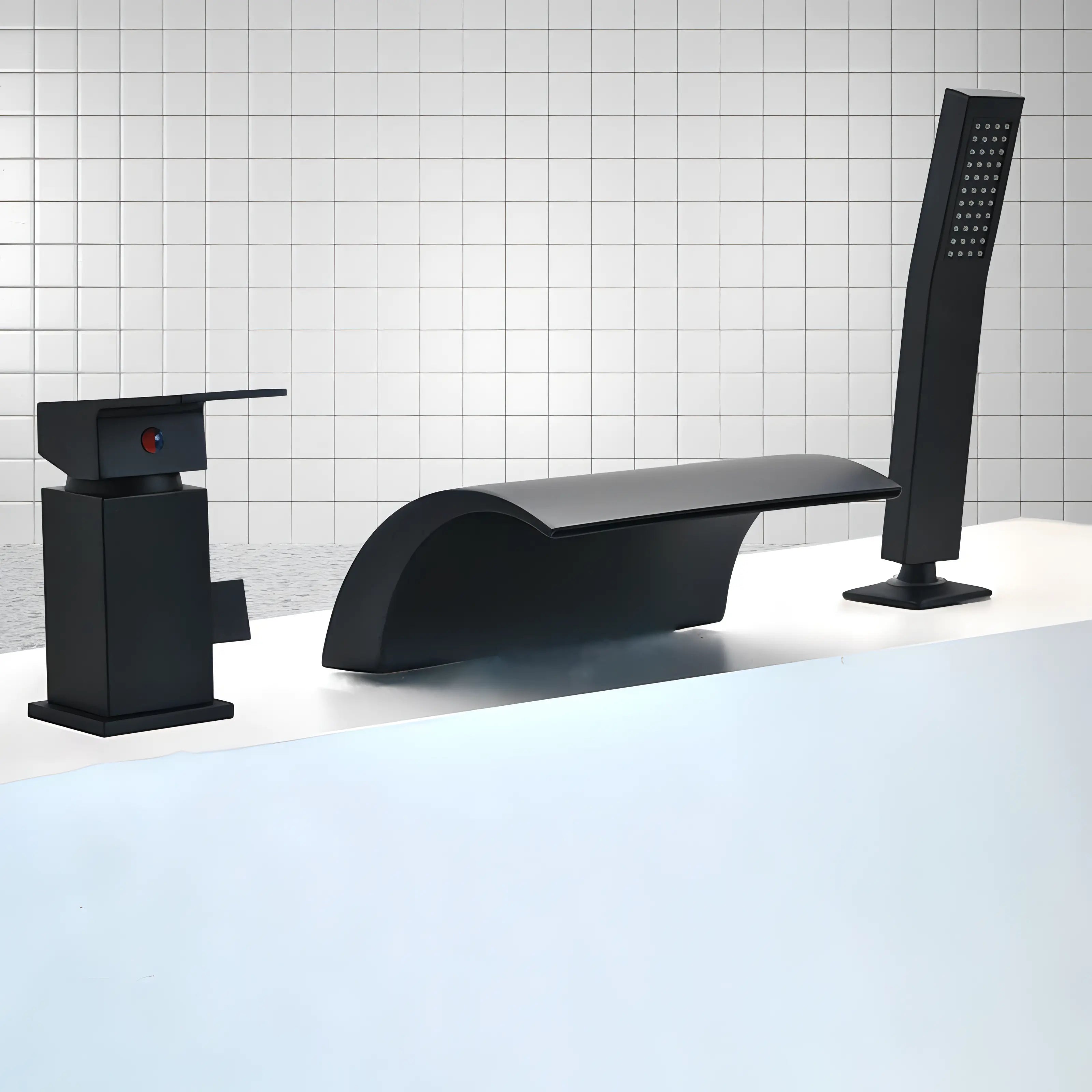 Frias - 3 Piece Modern Waterfall Bathtub Mixer Tap Set Pull Out Shower