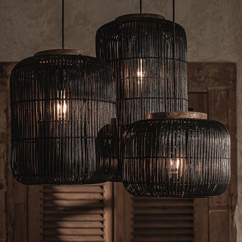 Karola - Retro Rattan Squashed Round Ceiling Light