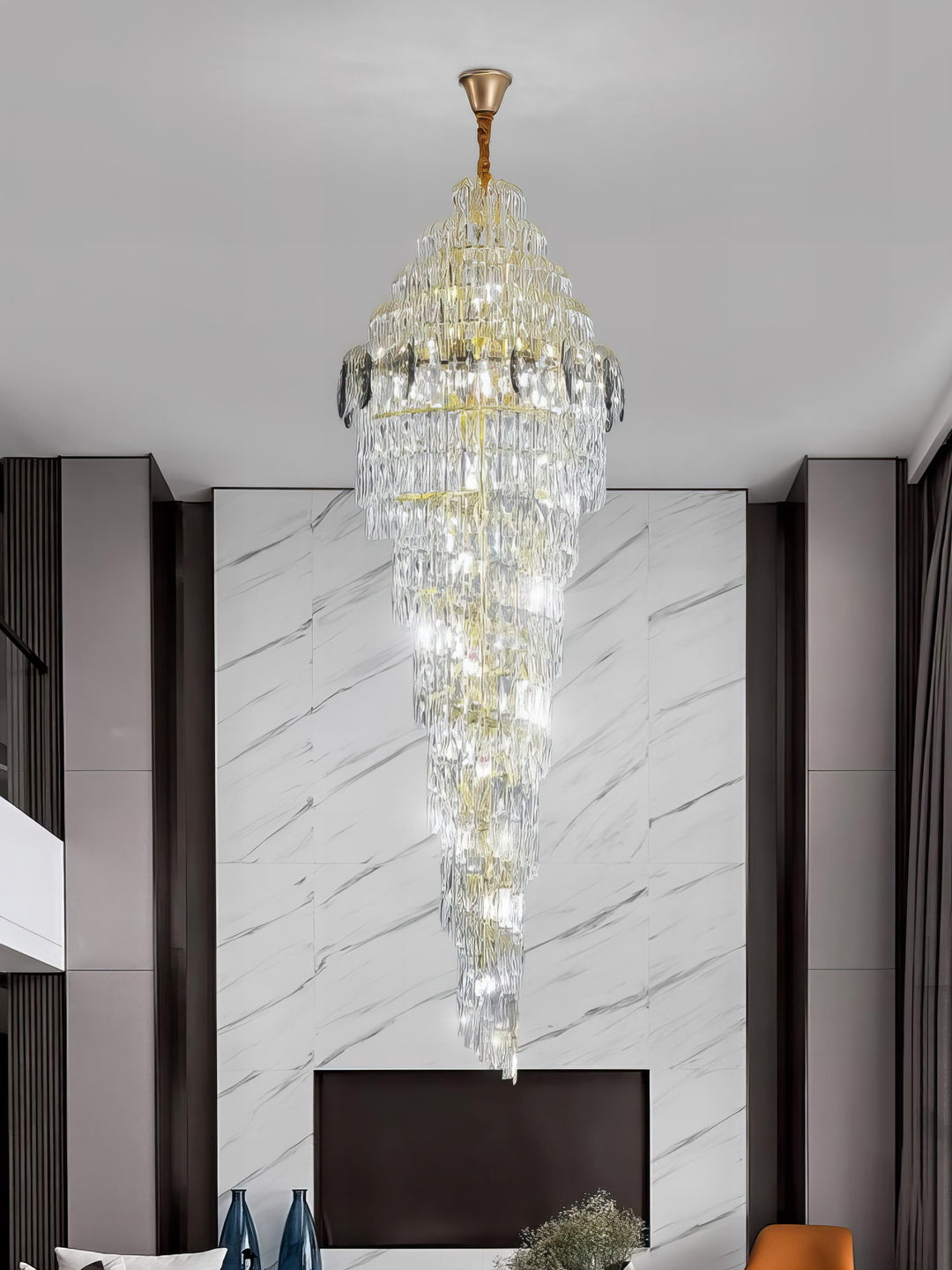 Amanda - Long Gold Round Tiered Crystal Chandelier