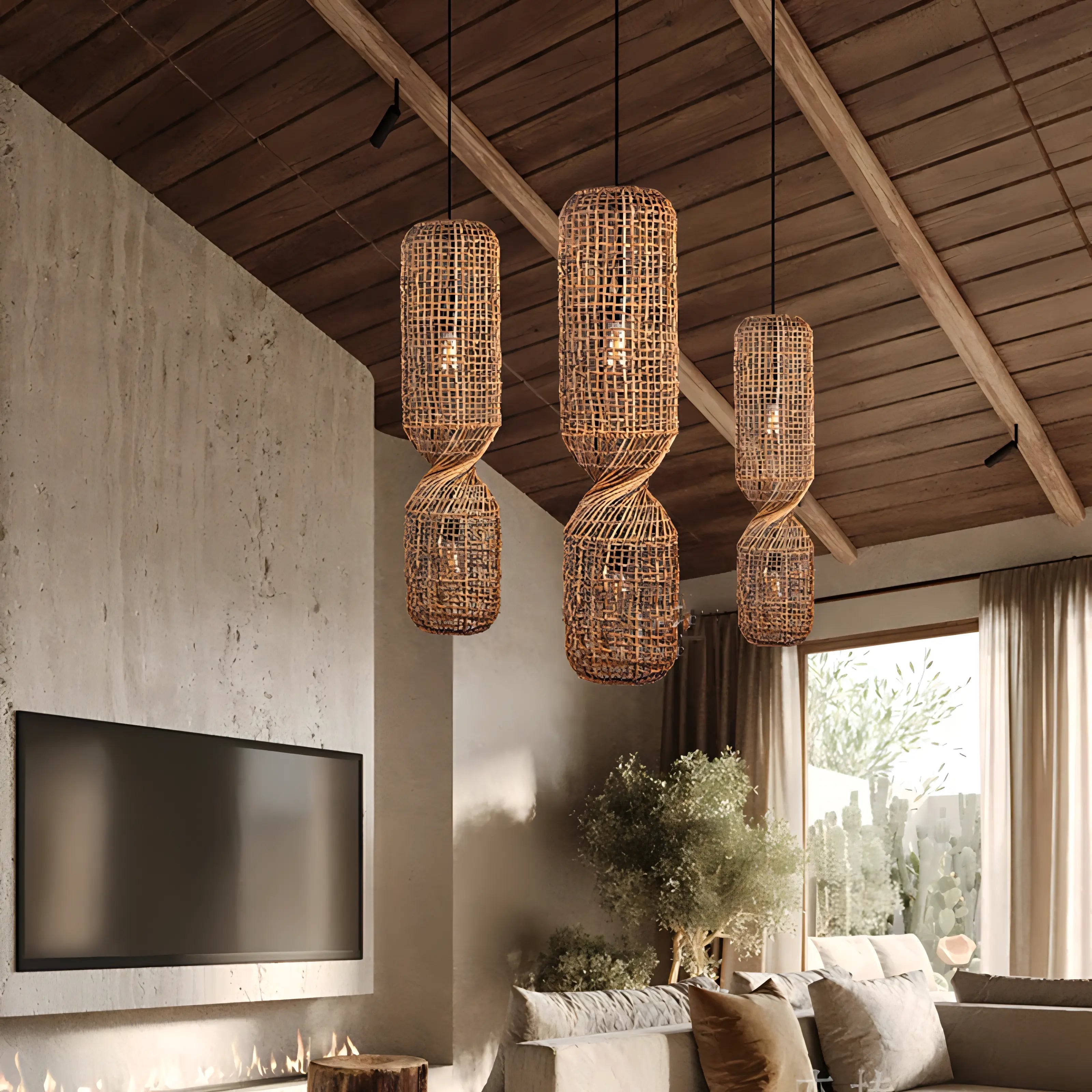 Erykah - Rattan Wicker Twisted Long Pendant Ceiling Light
