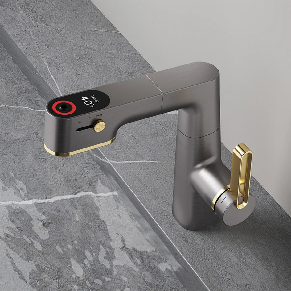 Reese - Pull Out Basin Mixer LED Temperature Tap 360° Rotatable