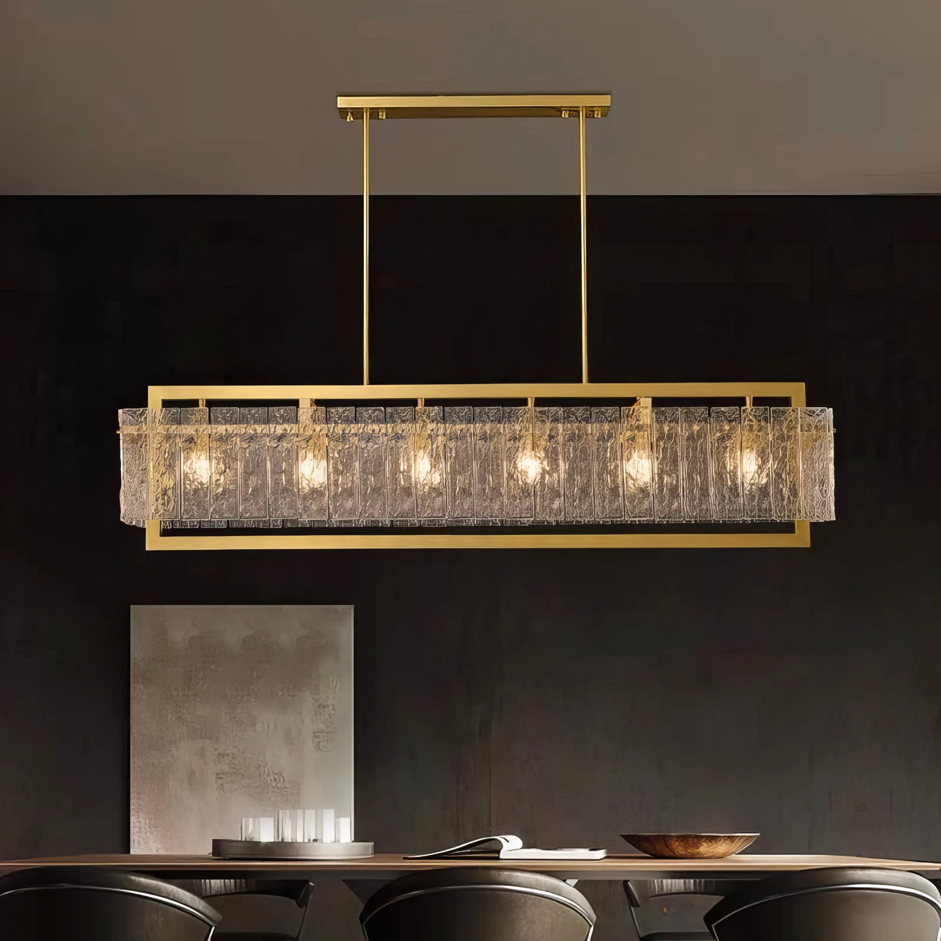 Greta - Rectangular Modern Glass Gold Frame Ceiling Chandelier