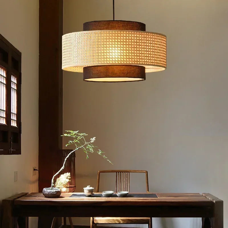 Bolaños - Layered Perforated Woven Cylindrical Hanging Pendant Ceiling Light