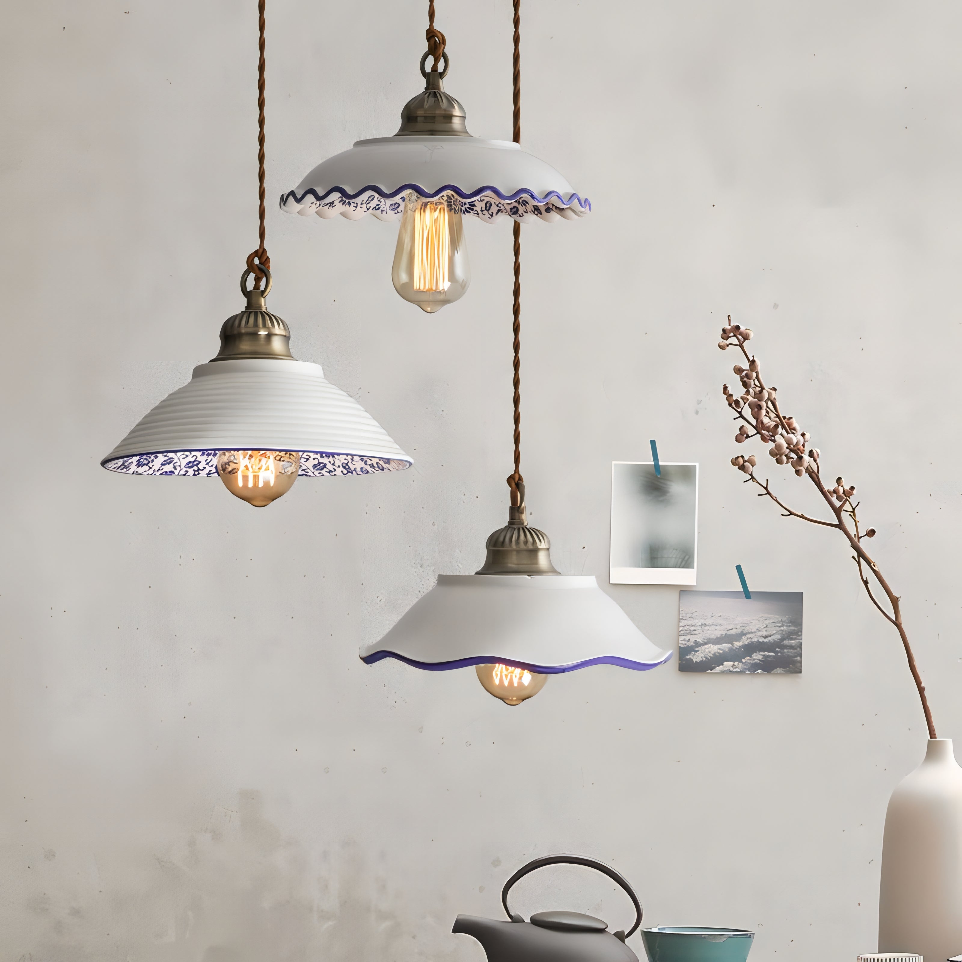 Michaela - Ceramic Round White & Blue Vintage Hanging Ceiling Pendant Light