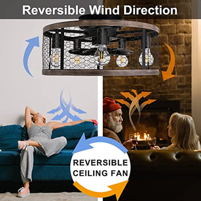 Amalie - Industrial Cage Ceiling Fan Light with Remote Control