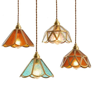 Judson - Vintage Coloured Patterned Glass Gold Frame Pendant Ceiling Light