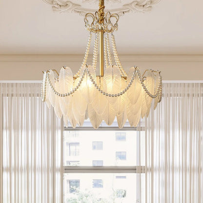 Colson - Glass Feather Round White Glass Gold Frame Ceiling Light Chandelier