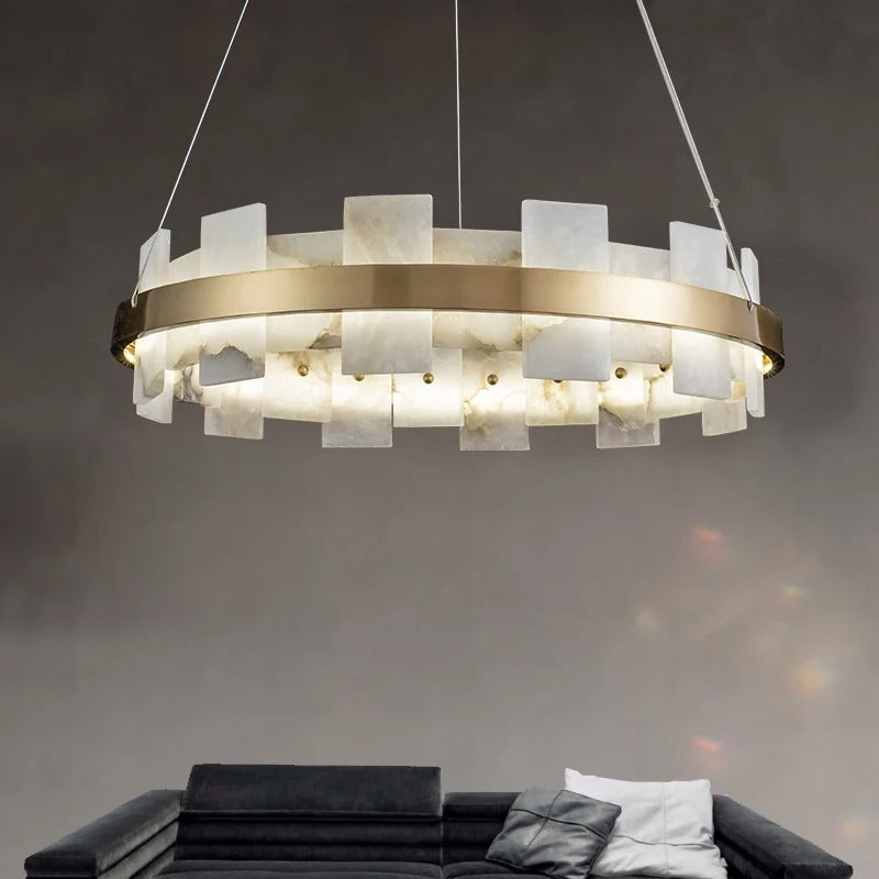 Nyah - Modern Gold Marble Hanging Cord Round Chandelier
