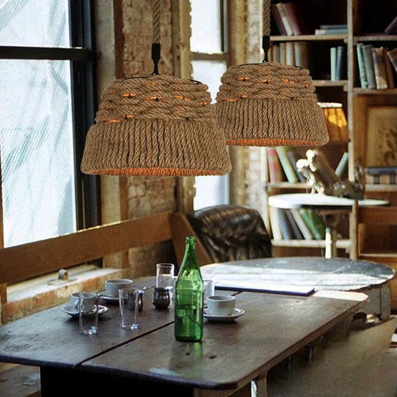 Aziel - Hemp Rope Round Black Frame Hanging Ceiling Light