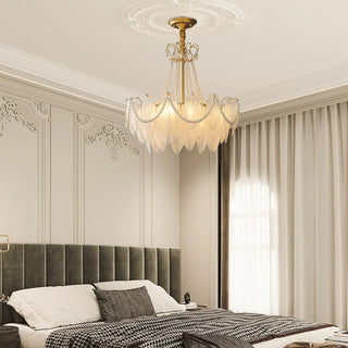 Colson - Glass Feather Round White Glass Gold Frame Ceiling Light Chandelier