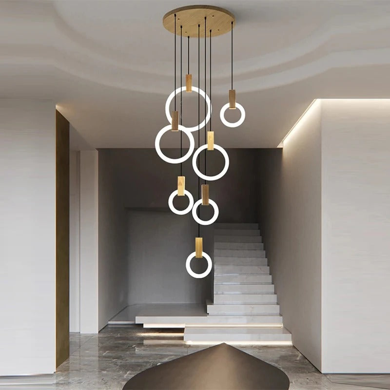 Chance - LED Ring Round Multi Head Wood Hanging Ceiling Light Chandelier