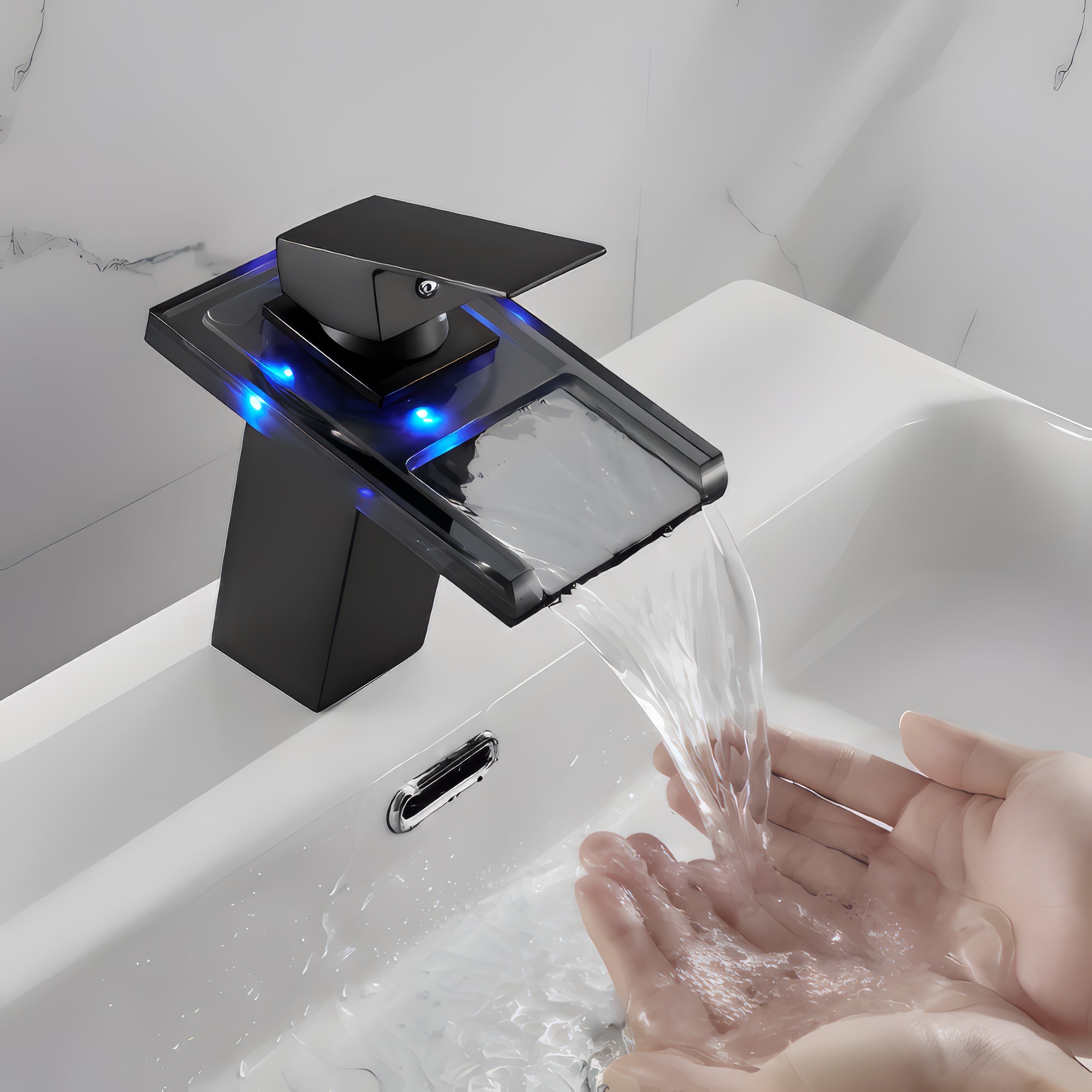 Tobias - Blue Modern LED Hot/Cold Waterfall Basin Tap