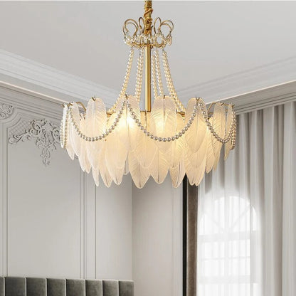 Colson - Glass Feather Round White Glass Gold Frame Ceiling Light Chandelier