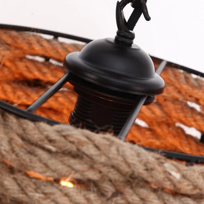 Aziel - Hemp Rope Round Black Frame Hanging Ceiling Light