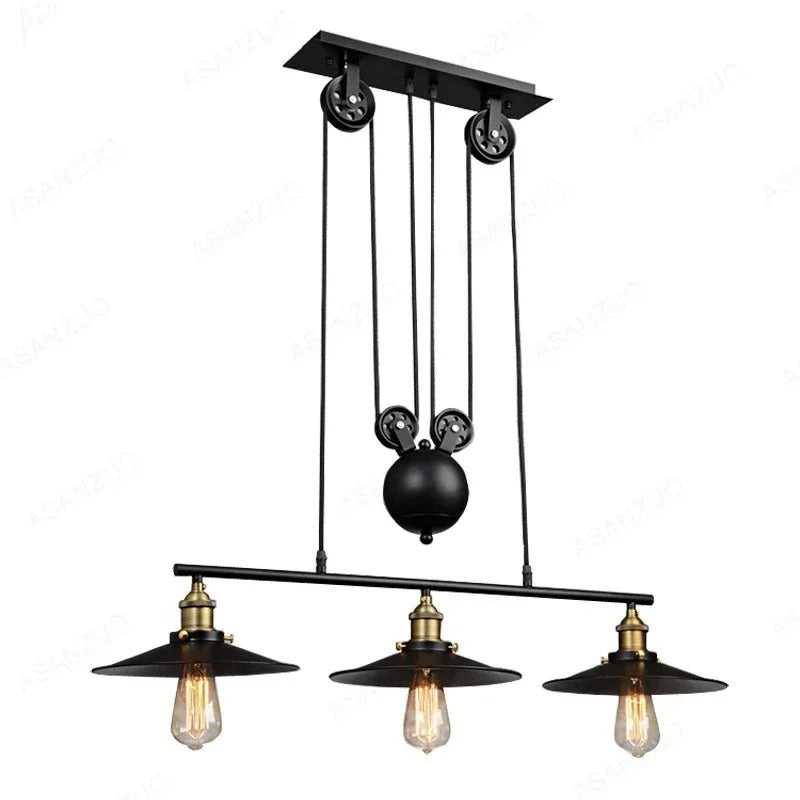 Fay - Industrial Black Retro Iron Lift 3 Pendant Hanging Ceiling Light