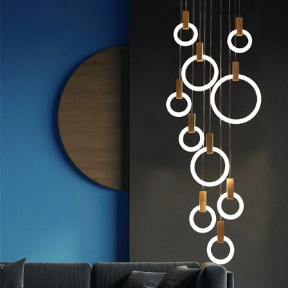 Chance - LED Ring Round Multi Head Wood Hanging Ceiling Light Chandelier