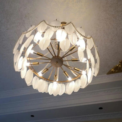 Colson - Glass Feather Round White Glass Gold Frame Ceiling Light Chandelier