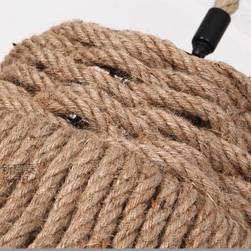 Aziel - Hemp Rope Round Black Frame Hanging Ceiling Light