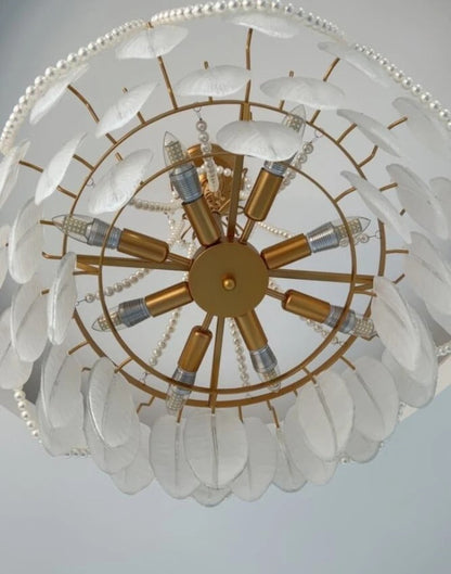 Colson - Glass Feather Round White Glass Gold Frame Ceiling Light Chandelier