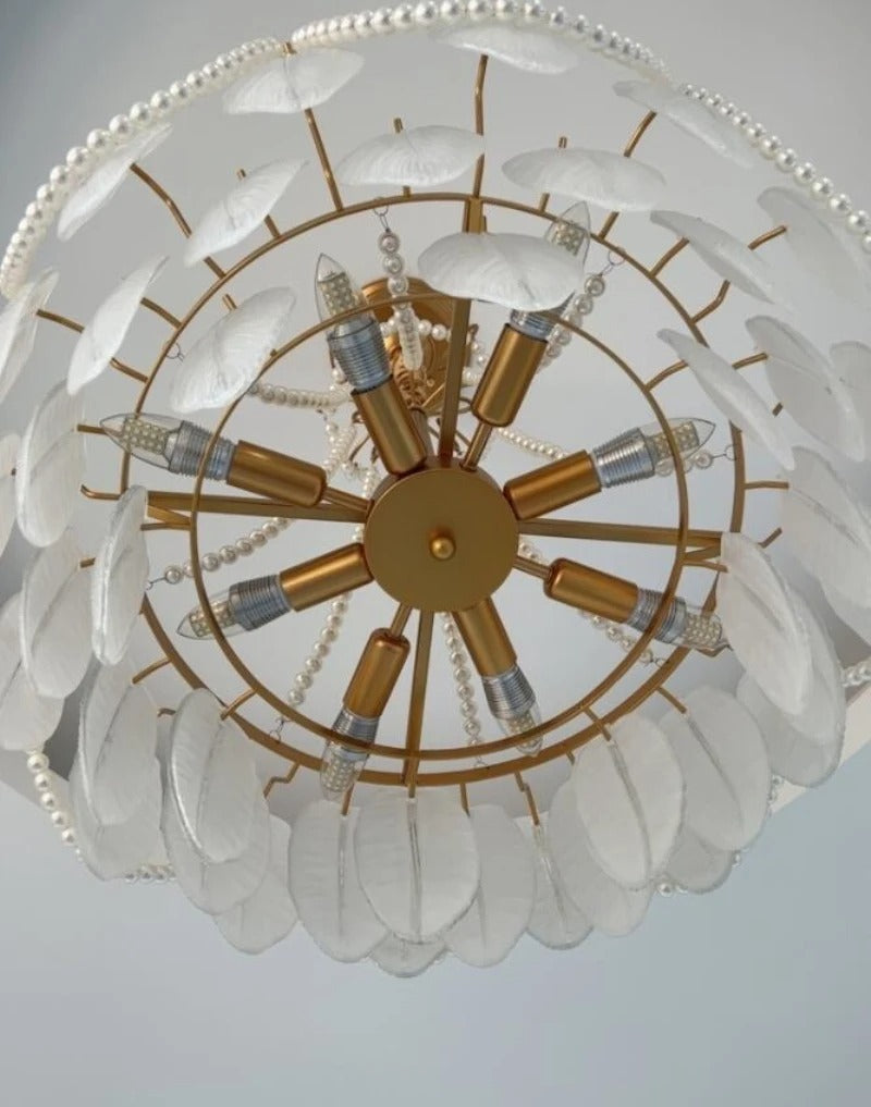 Colson - Glass Feather Round White Glass Gold Frame Ceiling Light Chandelier