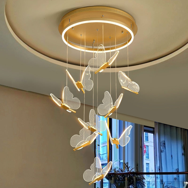 Cyrus - Gold LED Butterfly Hanging Round Gold Base Dimmable Chandelier