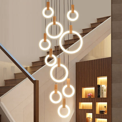 Chance - LED Ring Round Multi Head Wood Hanging Ceiling Light Chandelier