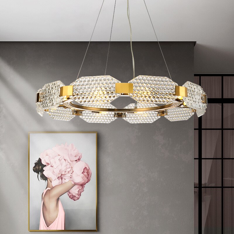 Barrett - Modern Patterned Glass Gold Crystal Hanging Chandielier